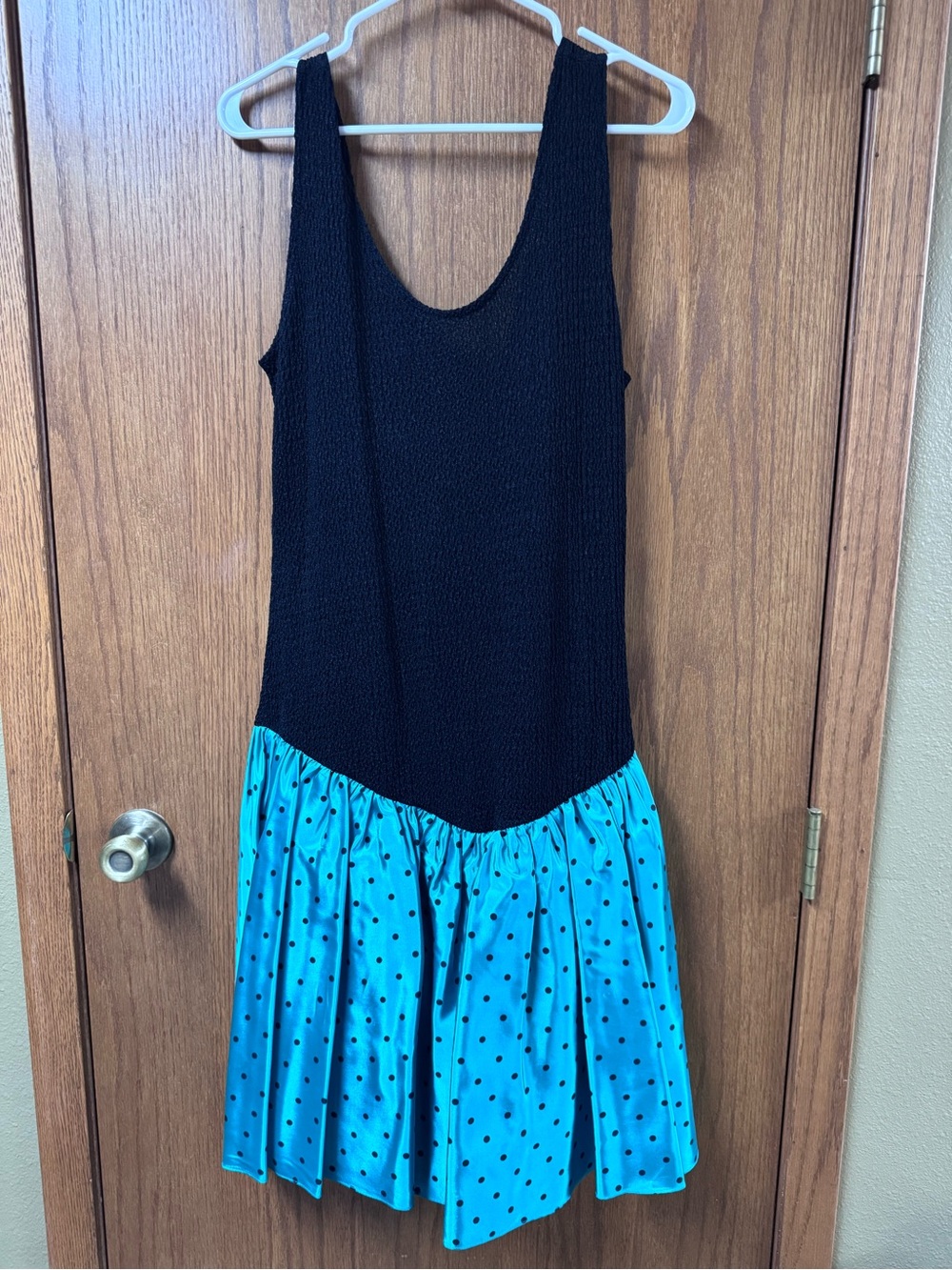 Steppin' Out Black Tank Dress with green Polka Dot Skirt vintage 80s